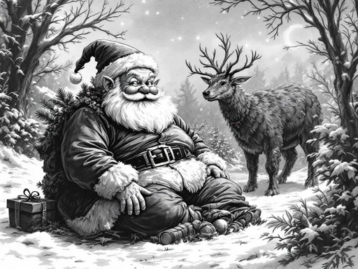 Prompt: Black and white line drawing

Create an image, Christmas, festive

Vintage story book style. 

“He was chubby and plump, a right jolly old elf;
And I laughed when I saw him, in spite of myself;”
No text