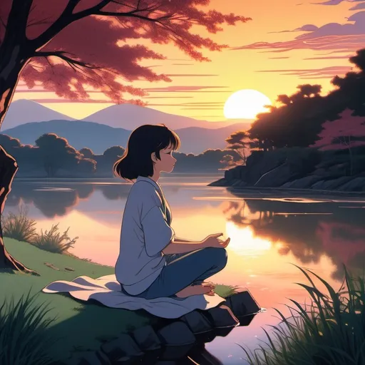 Prompt: 1980’s anime art style. The scene is a quiet and meditative landscape. The foliage is gently suede by a light breeze. Time of day is dusk. A sun with a brightly colored sunset, creates the light for the scene. A female figure sit in a meditative pose with eyes closed. The character appear much softer and loose in comparison to defining faces
