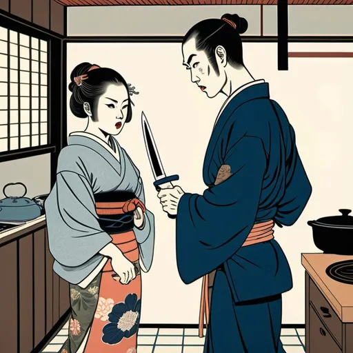 Prompt: Ukiyo-e japanese art, In a tense domestic scene, a  beautiful young shapely female woman stands assertively in a modern Kitchen brandishing a large knife. Her expression conveys a mix of anger and determination, contrasting sharply with the male man's shocked and defensive posture as he raises his hands in a gesture of surrender or plea. The kitchen features  a window with dramatic light filtering in, illuminating the emotional turmoil of the moment. The man's casual attire creates a stark juxtaposition with the threatening situation, amplifying the drama of the interaction. The overall composition captures a moment rife with tension, highlighting the conflict between the male and female characters while blending indoor warmth with anxiety.