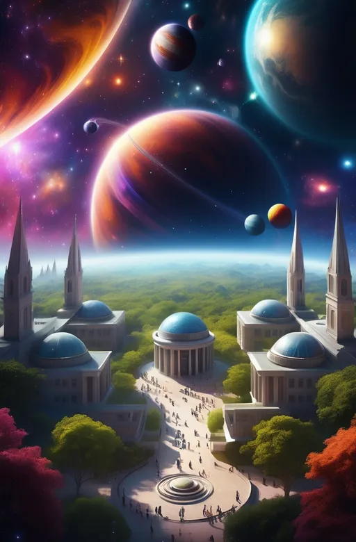 Prompt: space fantasy scapes
Bright hues
Image depicting a college university in the middle of the universes planets and galaxies