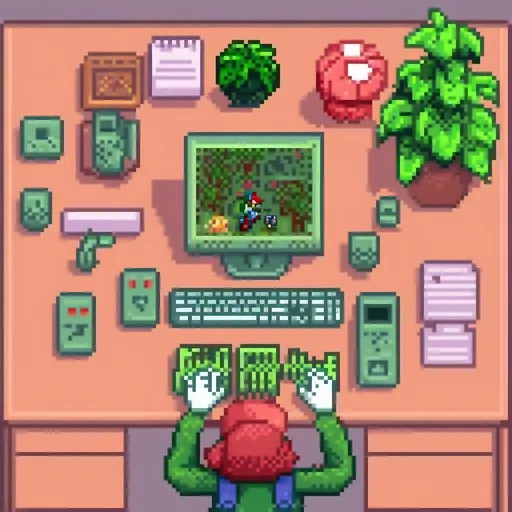 Prompt: Home office, setting, aerial view, metallic, and pastel colors,computer and keyboard sits on an office desk, Top view of female hands typing on the keyboard, a document is open on the computer that reads, Nintendo Mario and Luigi figurines next to computer, minimalist