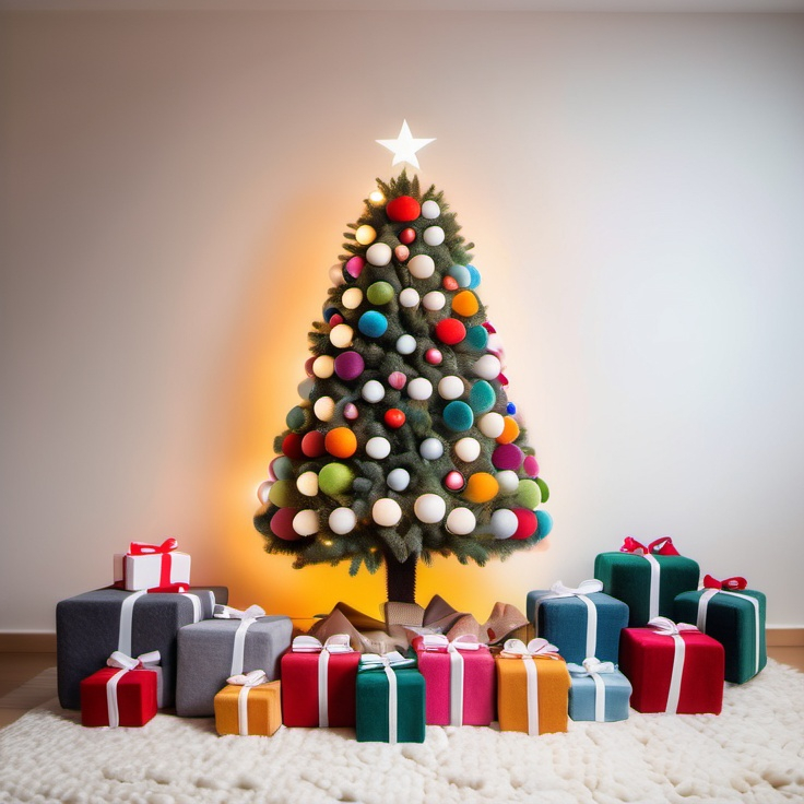 Prompt: Christmas tree lit with white lights and decorated with multicolor ball ornaments stand in the center of the frame surrounded by cute wool felt Christmas presents. Presents wrapped in fuzzy fabric, felt. Christmas. Christmas colors. 