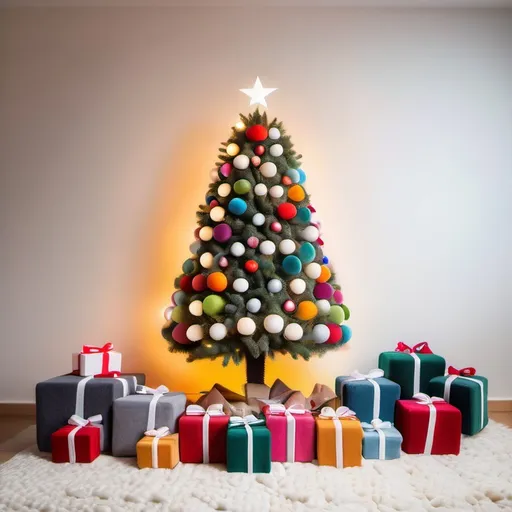 Prompt: Christmas tree lit with white lights and decorated with multicolor ball ornaments stand in the center of the frame surrounded by cute wool felt Christmas presents. Presents wrapped in fuzzy fabric, felt. Christmas. Christmas colors. 