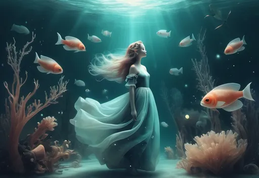 Prompt: An underwater fantasy lands.digital artwork inspired by Gosia Kmiec. The image evokes a feeling of lightness and oddness. beautiful imaginative creatures. fantasy art.
