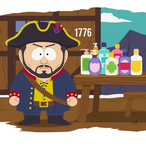 Prompt: American Yankee patriot 1776. Bottles of Lotion sitting on a table next to figure. South Park style