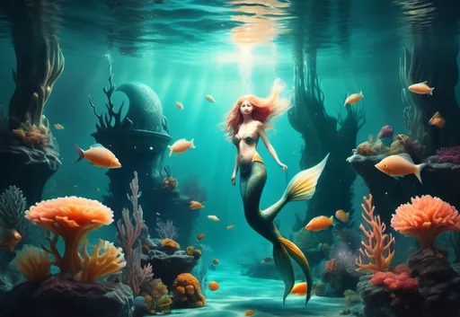 Prompt: A strange underwater fantasy scape. The image evokes a feeling of lightness and oddness. beautiful imaginative mythical creatures swim through water. Rare fish, mermaid, coral.
