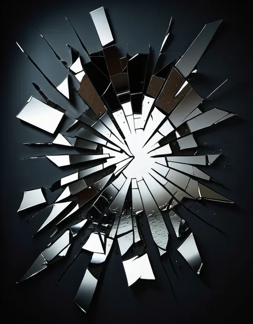 Prompt: Aerial view 
Dark colors
Dramatic lighting 
Feelings of broken but good intentions. 
Shattered mirror as main subject and Shows many flaws.
