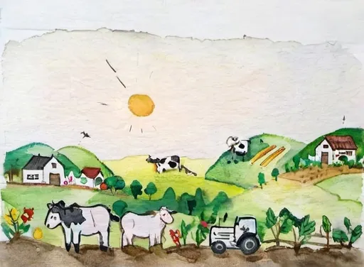 Prompt: Giant computer serves as the background of the Image and displays a sunrise on the black screen. The middle ground.depicts a rolling lush landscape filled with vegetables and crops. In the foreground there are Cows and chickens and goats and horses and sheep graze the growing crops through the hill.  Reminiscent of Old Macdonalds Farm.