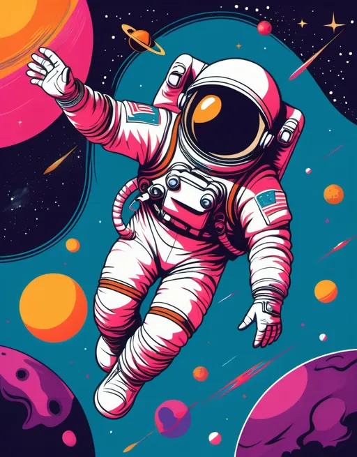 Prompt: Pop art, an astronaut floating freely in space, a planetary background
