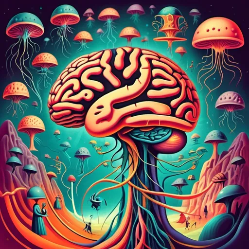Prompt: vintage brain illustrations. A scene with many minds roaming along neuro pathways in a fantastical dreamscape.  imagination. Bright color scheme Surrealist art movement. 