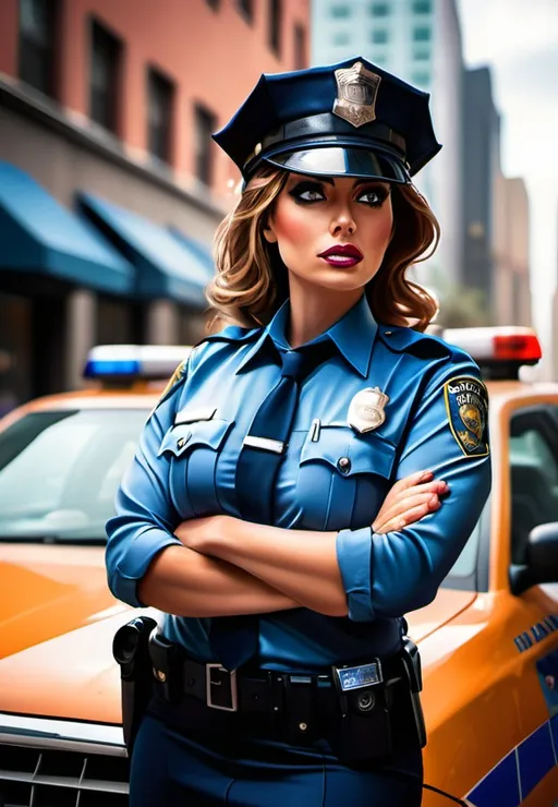 Prompt: Sultry and busty Female police officer stand on An urban street. A man is pulled over in his car with a look of excitement. rich colors his face.
