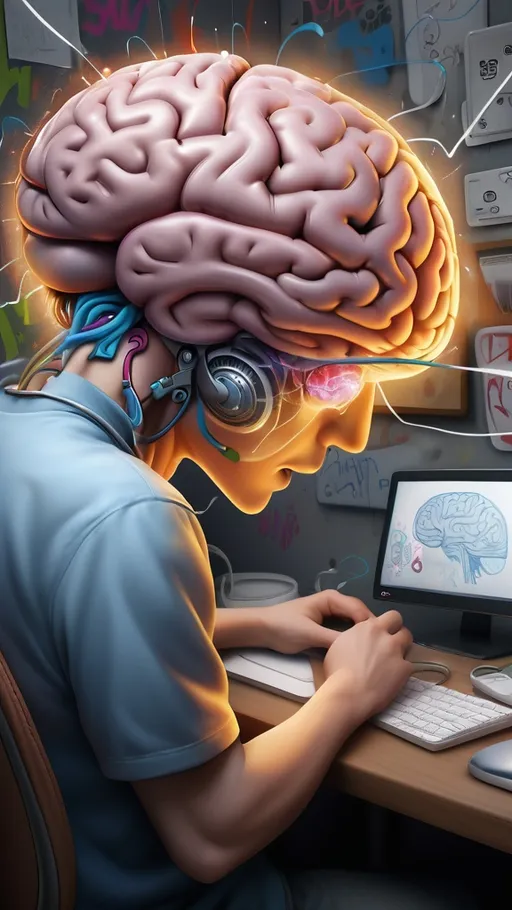 Prompt: Brain multitasking and switching back-and-forth between different tasks, very detailed, graffiti 