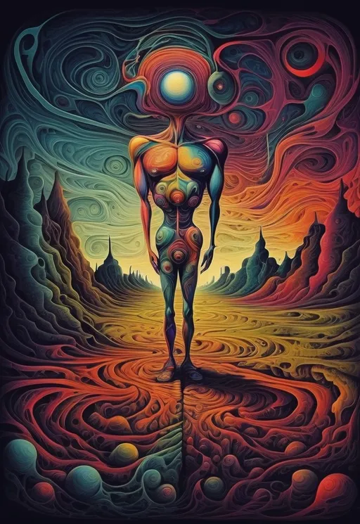 Prompt: The image depicts a fine line between one person who is a displays both genius and insane characteristics. Bold colors. Surrealist art style