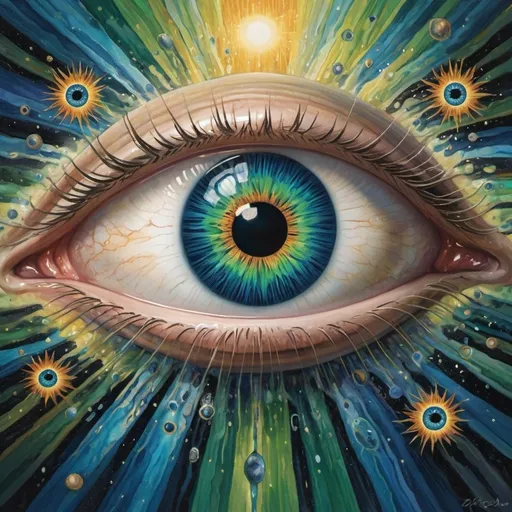 Prompt:  strikingly set of stylized eyes serves as the central focus, featuring an iris that vividly incorporates an image of the Earth, blending blue and green hues for water and land. The detailed black pupil draws attention, surrounded by a radiant burst of colors resembling the image of universe and sun's rays, enhancing the set of eye's impact.
