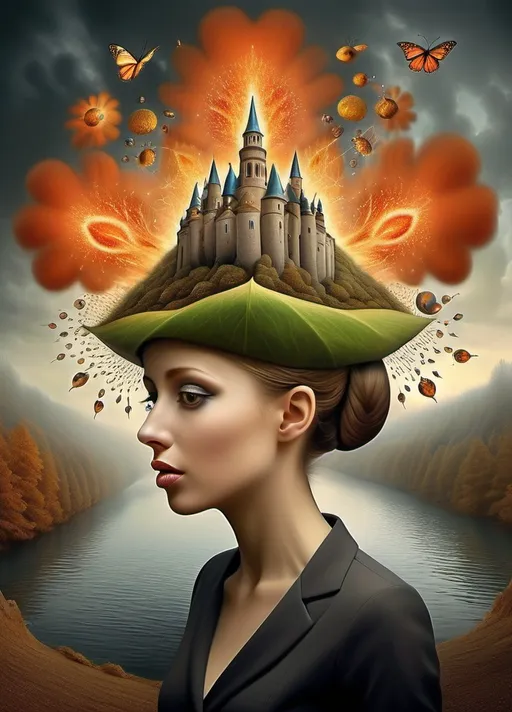 Prompt: Art style of Art style of Igor Morski’s. Surrealist neo-surrealism, modern surrealism, art movement. 
Fantasy.
A dreamscape of imagination that Evokes a feeling of Trust and self worth. An overall sense of happiness about life. 
A self emmits tiny, inner sparks of possibility into flames of achievement showing a sense of movement and enlightenment. surreal. Fantasy. Bright colors (oranges, yellows, reds, teals, blues, white, pink, bright green.)