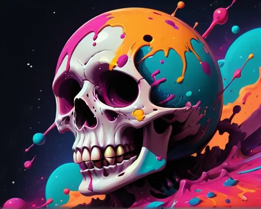 Prompt: dead planet. Space vibes. Vibrant colors. Graphic illustration, paint splatter. Dying death vibes 