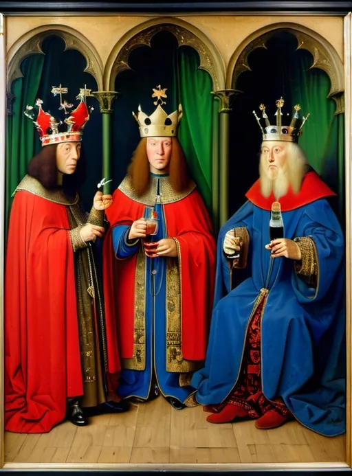 Prompt: Portrait Painting by Van Eyck, three kings, depicts, each King, smoking, drinking, humping