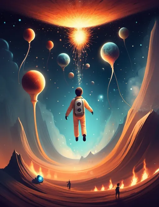 Prompt: Surreal imagination spacescape. Evokes a feeling of Trust and self worth. An overall sense of happiness about life. Anthropomorphic self fanning tiny, inner sparks of possibility into flames of achievement.