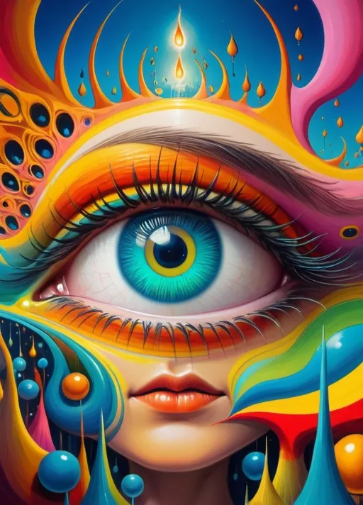 Prompt: Art style of Salvadore Dahli.
 Surrealist art movement. Fantasy. 
A dreamscape of imagination that Evokes a feeling of Trust and self worth. An overall sense of happiness about life. 
A self emmits tiny, inner sparks of possibility into flames of achievement showing a sense of movement and enlightenment. surreal. Fantasy. Bright colors (oranges, yellows, reds, teals, blues, white, pink, bright green.)