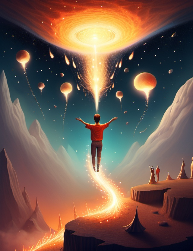 Prompt: Surreal imagination spacescape. Evokes a feeling of Trust and self worth. An overall sense of happiness about life. Anthropomorphic self fanning tiny, inner sparks of possibility into flames of achievement.