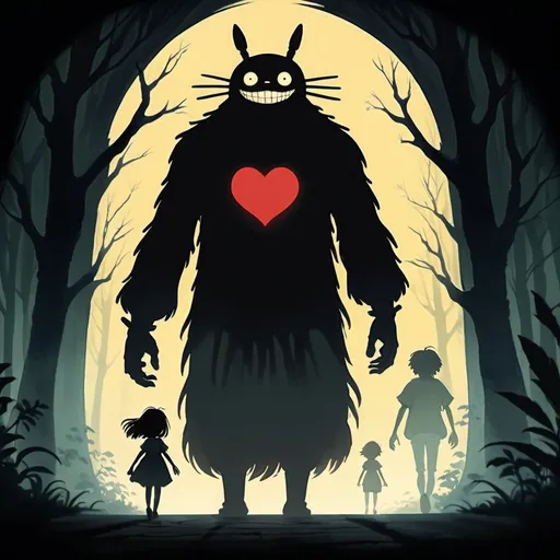 Prompt: 2d studio ghibli anime style, shadow figure, being pushed by fears, nightmares in mind and led by the dreams in the heart, pulp style, anime scene, fear and happiness, brain, heart