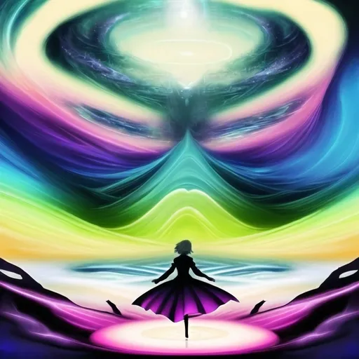 Prompt: A white female woman attempts the impossible and the absurd. Ebb and flow vibes. Bright colors. Illusionary 