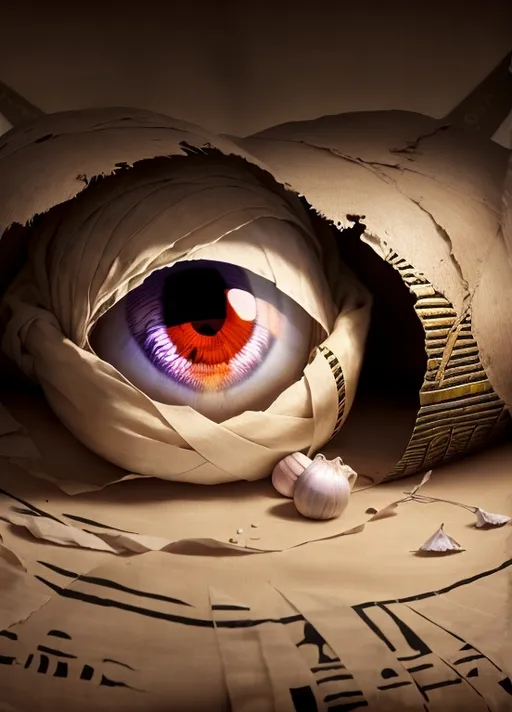 Prompt: Egyptian tomb background. Onion eyeballs, Male Egyptian mummy with onions for eyes, whole body wrapped in tattered woven gauze bandages, creased wrinkled, laying in a sarcophagus,