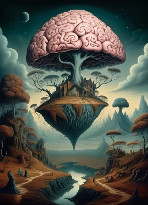 Prompt: Art style of Salvadore Dahli.
 Surrealist art movement. Fantasy. 
A mythical landscape. 
Brains wanders Because it's way too little to be out alone. surreal. Mythological. Dreamscape.