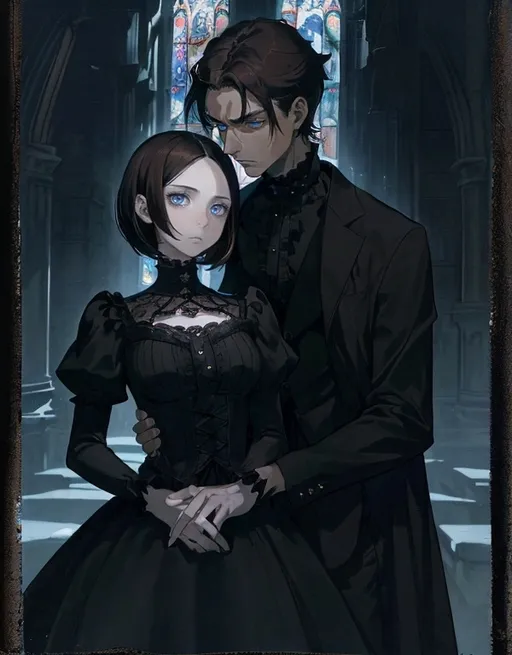 Prompt: A man with short black hair, brown eyes with tan skin and a stubbled chin, clad in a black shirt with a button-down collar, gazes directly into the blue eyes of a woman with asymmetrical brown hair style and pale skin wearing punk style dress. They gaze upon each other with a contemplative, serious and yearning expression. Their attire suggests a formal cathedral. The background reveals cathedral stone walls with harsh Moonlight keeping through broken stained glass windows, characterized by an ornate, patterned room. The composition captures the man and woman’s upper body and face, with a slight tilt of the angle adding depth to the image, creating a mood that feels introspective and slightly intense. The overall color scheme is subdued, dominated by dark tones contrasted by light from moon, enhancing the emotional gravity of the moment. Rococo gothic style. Dark colors.