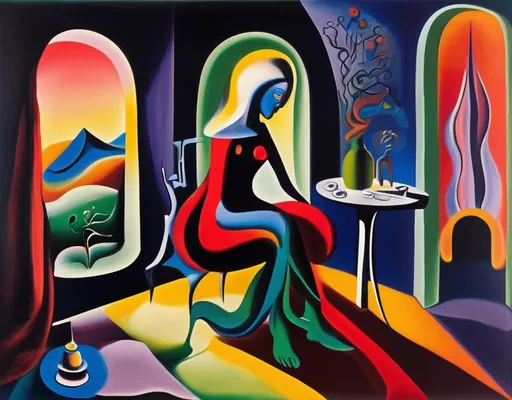 Prompt: Andre Masson surrealist style, ethereal dreamscape.surreal room depicts a female figure sitting alone in a living space. She is alone and lonely. Contrast between dark colors and bright colors.