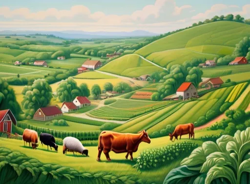 Prompt: Image depicts a rolling lush landscape filled with vegetables and crops. Cows, chickens, goats, horses, and a sheep graze the growing crops through the hill. Old Macdonalds Farm