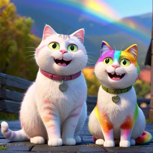 Prompt: 1 all white male and 1 all white female happy cats doing human things and a happy smile, vibrant colors, sunny, rainbows 