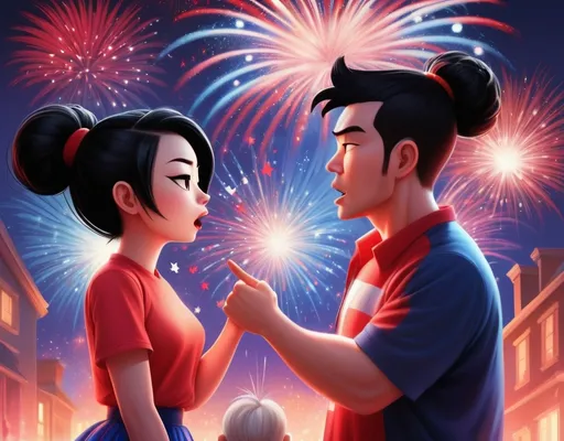 Prompt: 4th of July. Fireworks. Couple verbally arguing and the Female character Declaring independence. Evoke the feeling of freedom. Pucca style. Vibrant colors