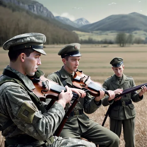 Prompt: Photo realistic Army men playing different instruments among a landscape detailed and captured with muted colors typical of early film photography