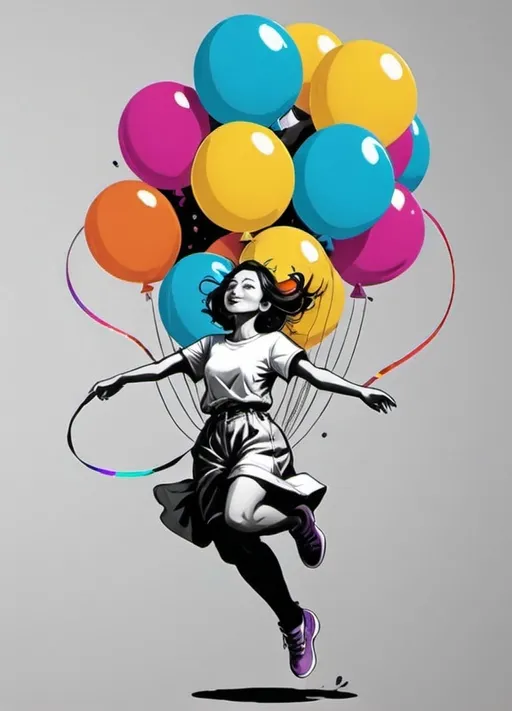 Prompt: A black and white image shows a woman holding the strings to colorful, shiny balloons gently swinging in a breeze. The character is letting go