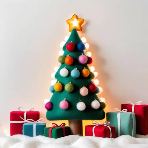 Prompt: Wool felt Christmas tree lit with white lights and decorated with multicolor ball ornaments stand in the center of the frame surrounded by cute wool felt Christmas presents wrapped in fuzzy fabric, felt. Christmas. Christmas colors.