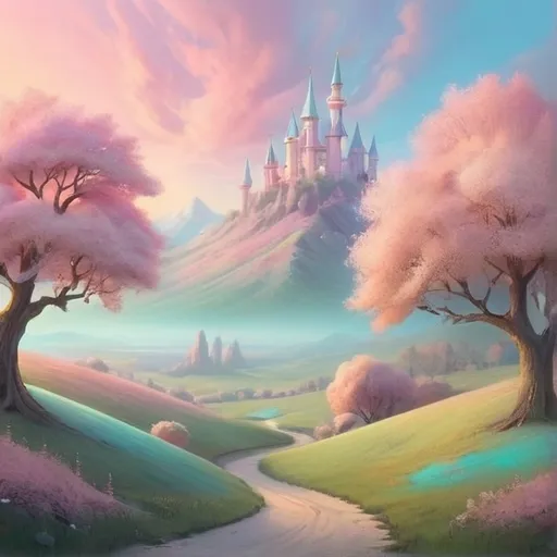 Prompt: Dreamy pastel landscape, magic, Whimsical, surreal, World, Wonder, change, love, humanity