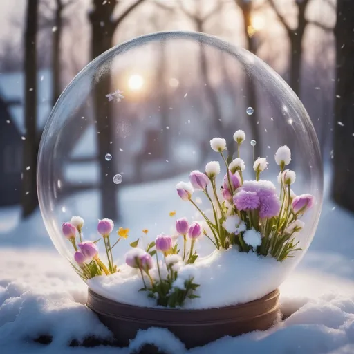 Prompt: Winter. Snow. Snowing. cold days of winter. Dreamy. A dream. Dream bubble showcasing spring flowers
