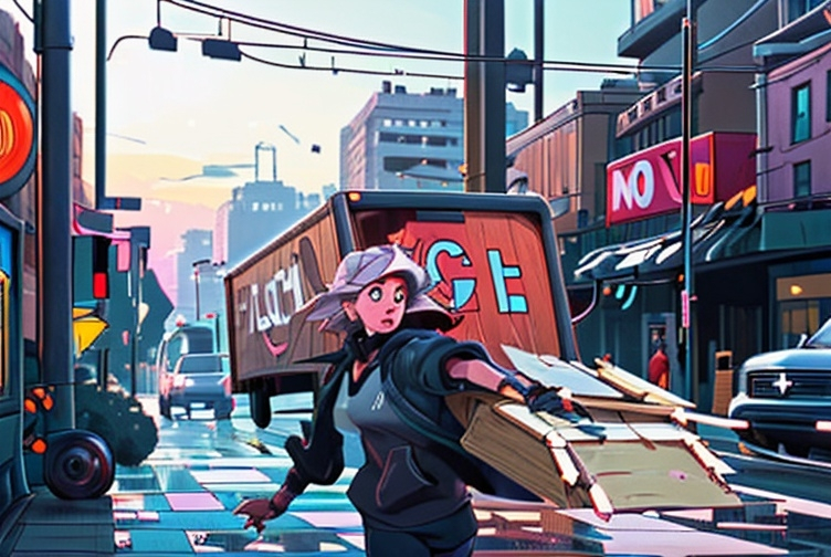 Prompt: An urban street scene with a single vehicle transportation truck swerving down street as a young white female jog behind Transportation truck. There are
wooden rectangle scrabble tiles just playing letters and dropping out of the transportation vehicles trunk