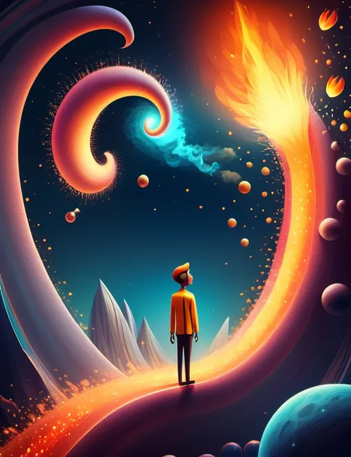 Prompt: Surreal imagination spacescape. Evokes a feeling of Trust and self worth. An overall sense of happiness about life. Anthropomorphic self fanning tiny, inner sparks of possibility into flames of achievement. Macro view, intense hues.