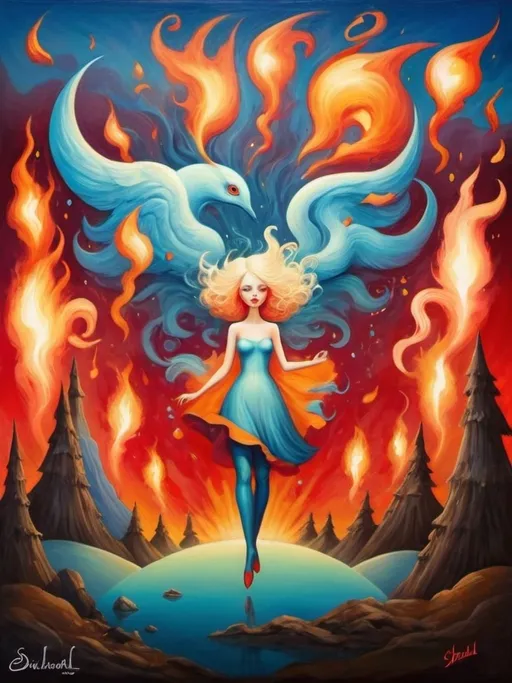 Prompt: Art style of Salvadore Dahli.
 Surrealist art movement. 
A dreamscape of imagination that Evokes a feeling of Trust and self worth. An overall sense of happiness about life. 

A self fanning tiny, inner sparks of possibility into flames of achievement showing a sense of movement and enlightenment. surreal. Fantasy. Bright colors. 