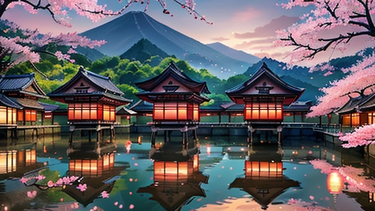 Prompt: Realistic, traditional japanese village at sunset, cherry blossom, detailed architecture, serene atmosphere, high quality, traditional, village, sunset scene, cherry blossom, detailed buildings, serene, realistic, atmospheric lighting, peaceful, traditional Chinese, warm tones