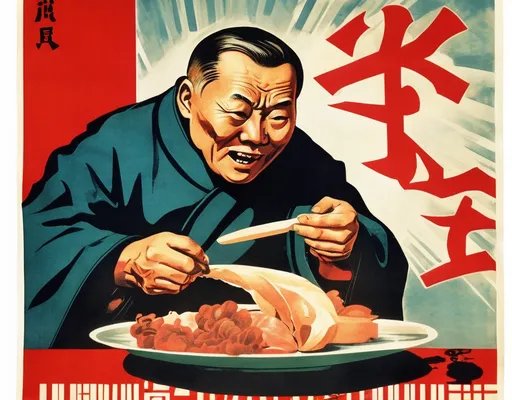 Prompt: Soviet propaganda posters. An image of a Chinese older male about to eat a bat. style propaganda, COVID