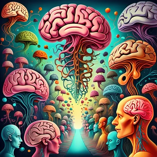 Prompt: A scene with many human brains wandering along neuro pathways. Humor. Fantastical dreamscape.  imagination. Bright color scheme. Surrealist art movement. 