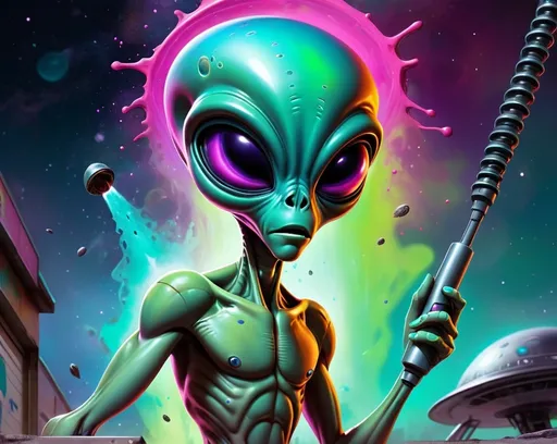 Prompt: Alien abduction. Alien using a Probe. Space vibes
Graffiti illustration. Vibrant colors. Splatter.