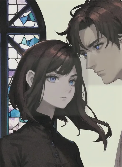 Prompt: A man with short dark hair and brown eyes with tan skin and a stubbled chin, clad in a black shirt with a button-down collar, gazes directly into the blue eyes of a woman with asymmetrical auburn hair style and pale skin wearing punk style dress. They gaze upon each other with a contemplative, serious and yearning expression. Their attire suggests a formal cathedral. The background reveals cathedral stone walls with harsh Moonlight keeping through broken stained glass windows, characterized by an ornate, patterned room. The composition captures the man and woman’s upper body and face, with a slight tilt of the angle adding depth to the image, creating a mood that feels introspective and slightly intense. The overall color scheme is subdued, dominated by dark tones contrasted by light from moon, enhancing the emotional gravity of the moment.