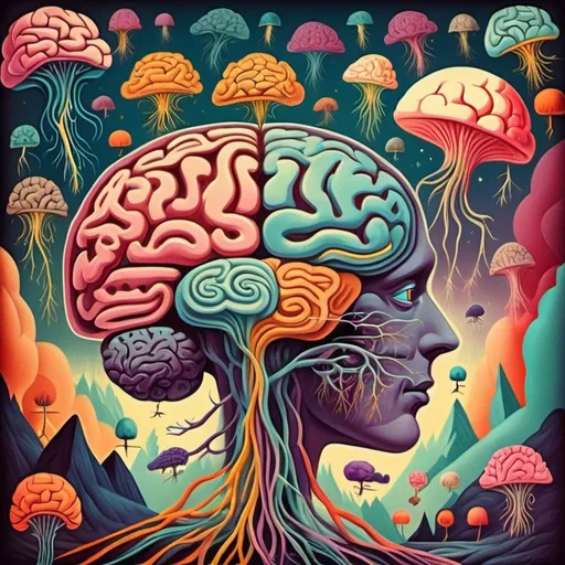 Prompt: vintage brain illustrations. A scene with many minds roaming along neuro pathways in a fantastical dreamscape.  imagination. Bright color scheme Surrealist art movement. 