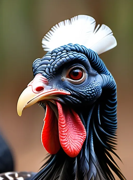 Prompt: The main subject is a turkey with pale skin on their head and neck can change colors, turning bright red, blue or white and the flap of skin over their beaks also reddens.