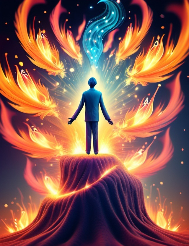 Prompt: Surreal imagination dreamscape. The image Evokes a feeling of Trust and self worth. An overall sense of happiness about life. Anthropomorphic self fanning tiny, inner sparks of possibility into flames of achievement showing a sense of movement and enlightenment. Micro view. Bright  intense hues.