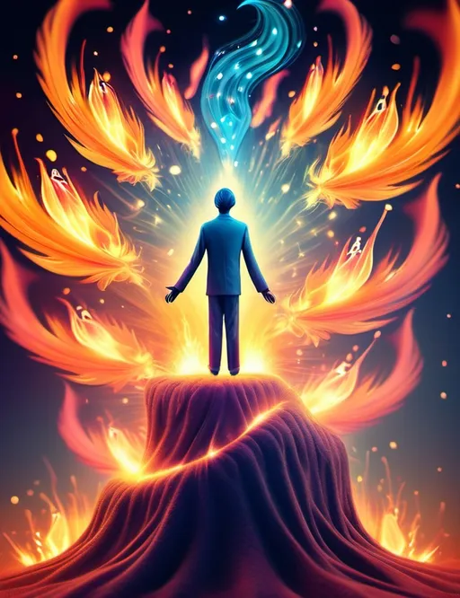 Prompt: Surreal imagination dreamscape. The image Evokes a feeling of Trust and self worth. An overall sense of happiness about life. Anthropomorphic self fanning tiny, inner sparks of possibility into flames of achievement showing a sense of movement and enlightenment. Micro view. Bright  intense hues.